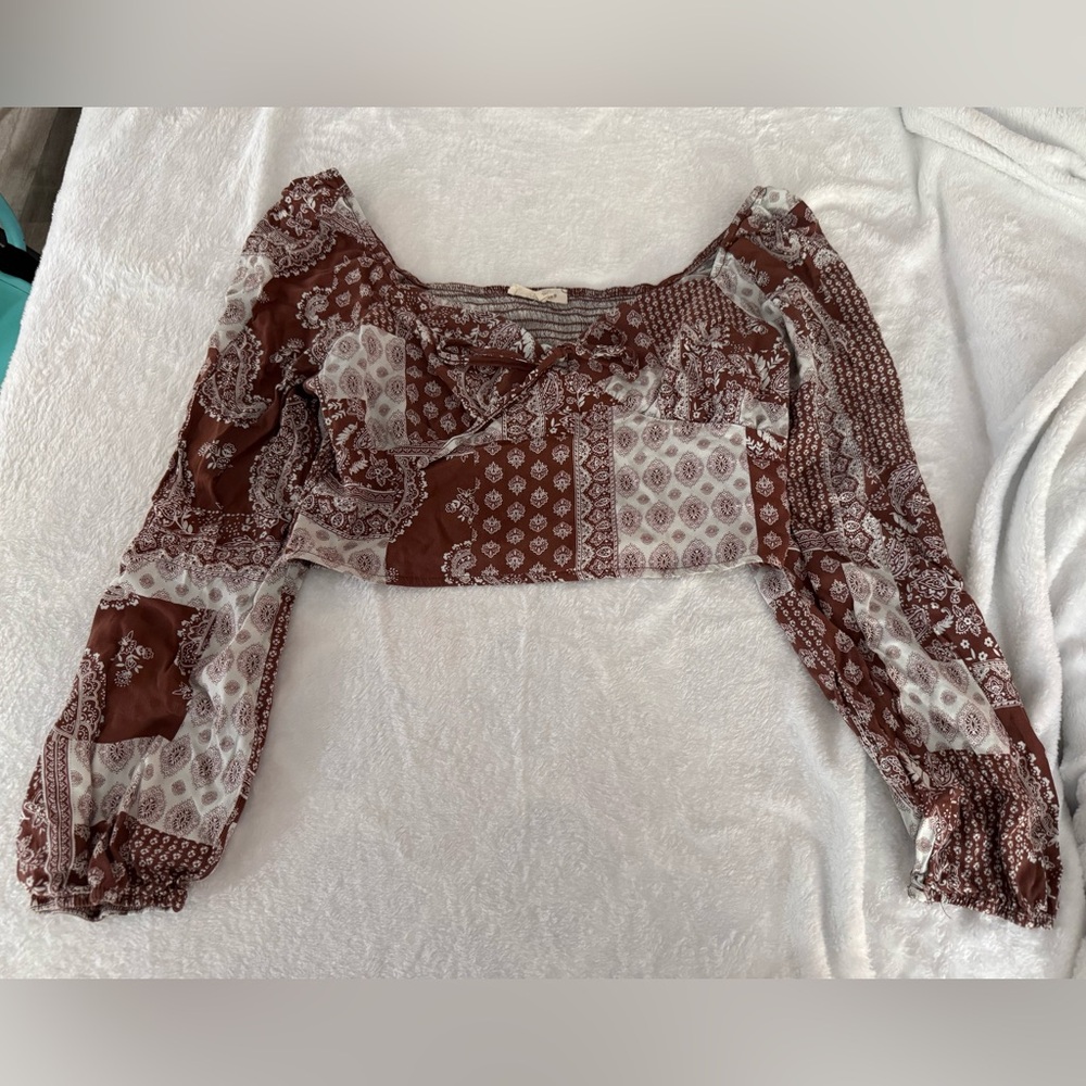 LA HEARTS ❤️ Brown Floral Paisley Long Sleeve Smocked Crop Top M BOHO